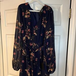 Lulu's Blue and Pink Bishop Sleeve V-Neck Dress